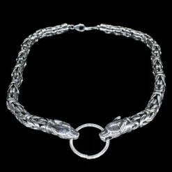 10mm Silver Double King Chain Necklace With Ferocious Wolf Heads -The Viking Dragon Shop bt 10mm custom silver necklace ferocious wolf heads lobster clasps split ring front