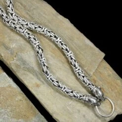 10mm Silver King Chain Necklace With Ferocious Wolf Heads - 70cm Length -The Viking Dragon Shop bt 10mm silver king chain necklace ferocious wolf heads split ring on rock