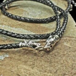 Braided Leather Necklace With Silver Ferocious Wolf Heads -The Viking Dragon Shop bt 5mm braided leather necklace silver ferocious wolf heads