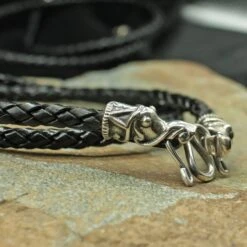 Braided Leather Necklace With Silver Gotlandic Dragon Heads -The Viking Dragon Shop bt 5mm braided leather necklace silver gotland dragon heads