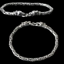 5mm Silver King Bracelet With Ferocious Wolf Heads -The Viking Dragon Shop bt 5mm silver king chain viking bracelet ferocious wolf heads