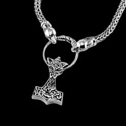 Silver Wolf Thors Hammer Pendant -The Viking Dragon Shop bt 5mm silver snake chain with split ring and ferocious wolf heads and silver wolf hammer