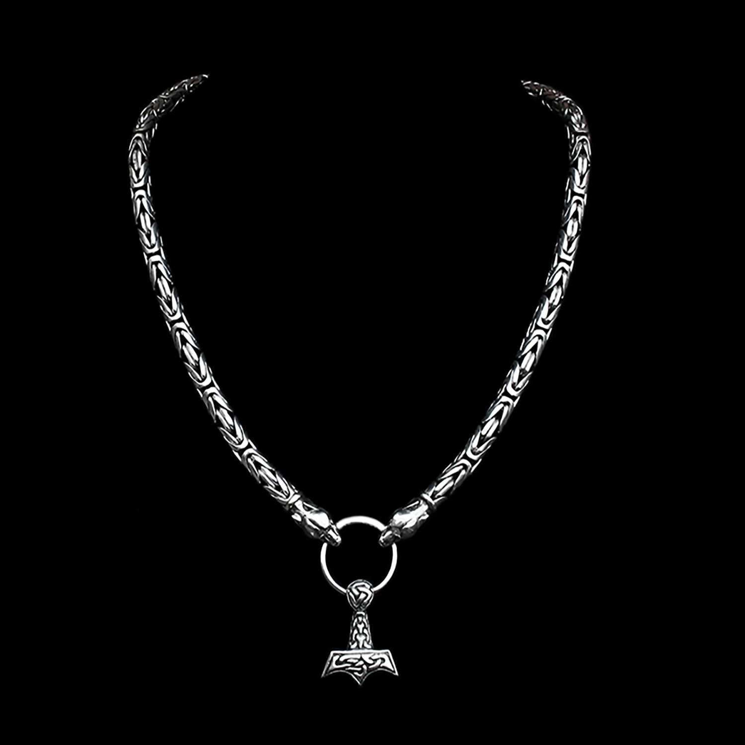 8mm Thick Silver King Chain Thors Hammer Necklace - Ferocious Wolf Heads 4 8mm Thick Silver King Chain Thors Hammer Necklace - Ferocious Wolf Heads - Image 4