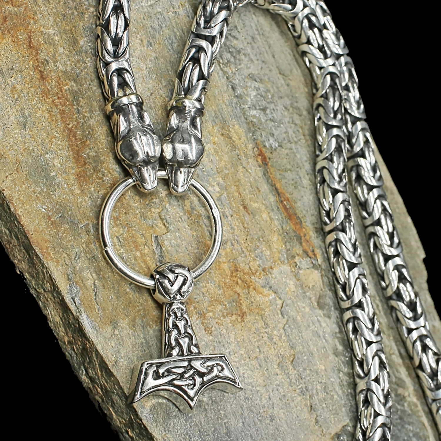 8mm Thick Silver King Chain Thors Hammer Necklace - Ferocious Wolf Heads 2 8mm Thick Silver King Chain Thors Hammer Necklace - Ferocious Wolf Heads - Image 2