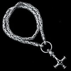 8mm Thick Silver King Chain Thors Hammer Necklace - Gotland Dragon Heads -The Viking Dragon Shop bt 8mm silver king chain gotlandic dragon heads large icelandic wolf thors hammer