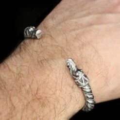 Twisted Silver Arm Ring / Bracelet With Gotlandic Dragon Heads -The Viking Dragon Shop bt 8mm silver twisted bracelet gotland dragon heads on wrist