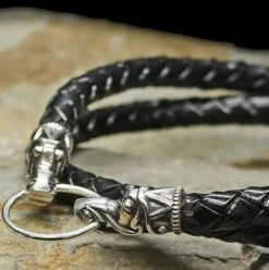 Braided Leather Necklace With Silver Gotlandic Dragon Heads -The Viking Dragon Shop bt braided leather necklaces silver gotlandic dragon heads on rock 8mm