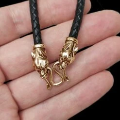 Braided Leather Necklace With Bronze Ferocious Wolf Heads -The Viking Dragon Shop bt bronze 5mm braided leather necklace ferocious wolf heads butterfly fittings in hand