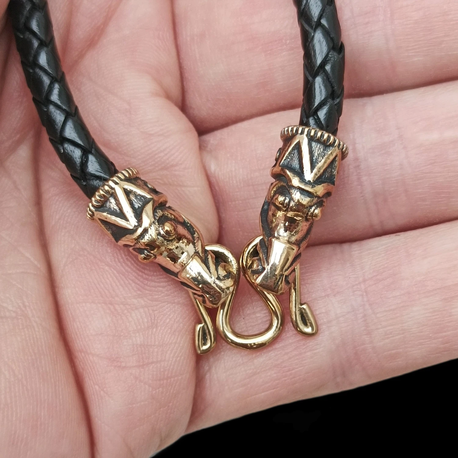Braided Leather Necklace With Bronze Gotlandic Dragon Heads 3 Braided Leather Necklace With Bronze Gotlandic Dragon Heads - Image 3