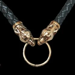 Braided Leather Necklace With Bronze Ferocious Wolf Heads -The Viking Dragon Shop bt bronze 8mm braided leather necklace ferocious wolf heads split ring