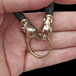 Braided Leather Necklace With Bronze Ferocious Wolf Heads -The Viking Dragon Shop bt bronze 8mm braided leather necklace ferocious wolf heads split ring in hand