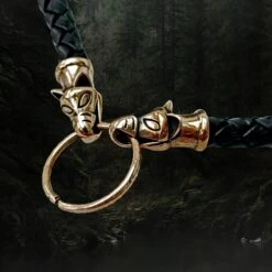 Braided Leather Necklace With Bronze Icelandic Wolf Heads -The Viking Dragon Shop bt bronze 8mm braided leather necklace icelandic wolf heads split ring