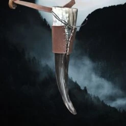 Viking Drinking Horn Leather Belt Hanger -The Viking Dragon Shop bt brown leather belt hanger on brown leather belt with small viking drinking horn front view