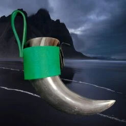 Viking Drinking Horn Leather Belt Hanger -The Viking Dragon Shop bt green leather horn hanger on medium horn