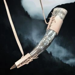 Handmade Leather Shoulder Strap For Viking Drinking / Blowing Horn -The Viking Dragon Shop bt natural veg tan leather shoulder strap on medium horn