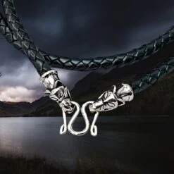 Braided Leather Necklace With Silver Icelandic Wolf Heads 6 Braided Leather Necklace With Silver Icelandic Wolf Heads -The Viking Dragon Shop bt silver 5mm braided leather necklace icelandic wolf heads butterfly clasp