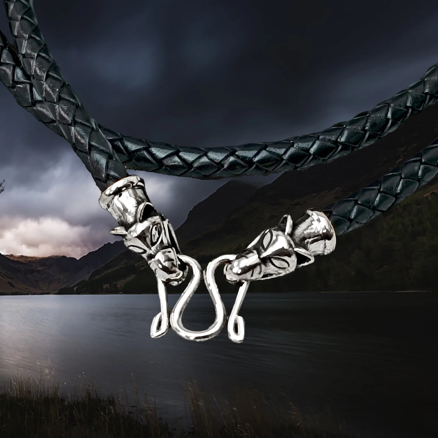 Braided Leather Necklace With Silver Icelandic Wolf Heads 3 Braided Leather Necklace With Silver Icelandic Wolf Heads - Image 3