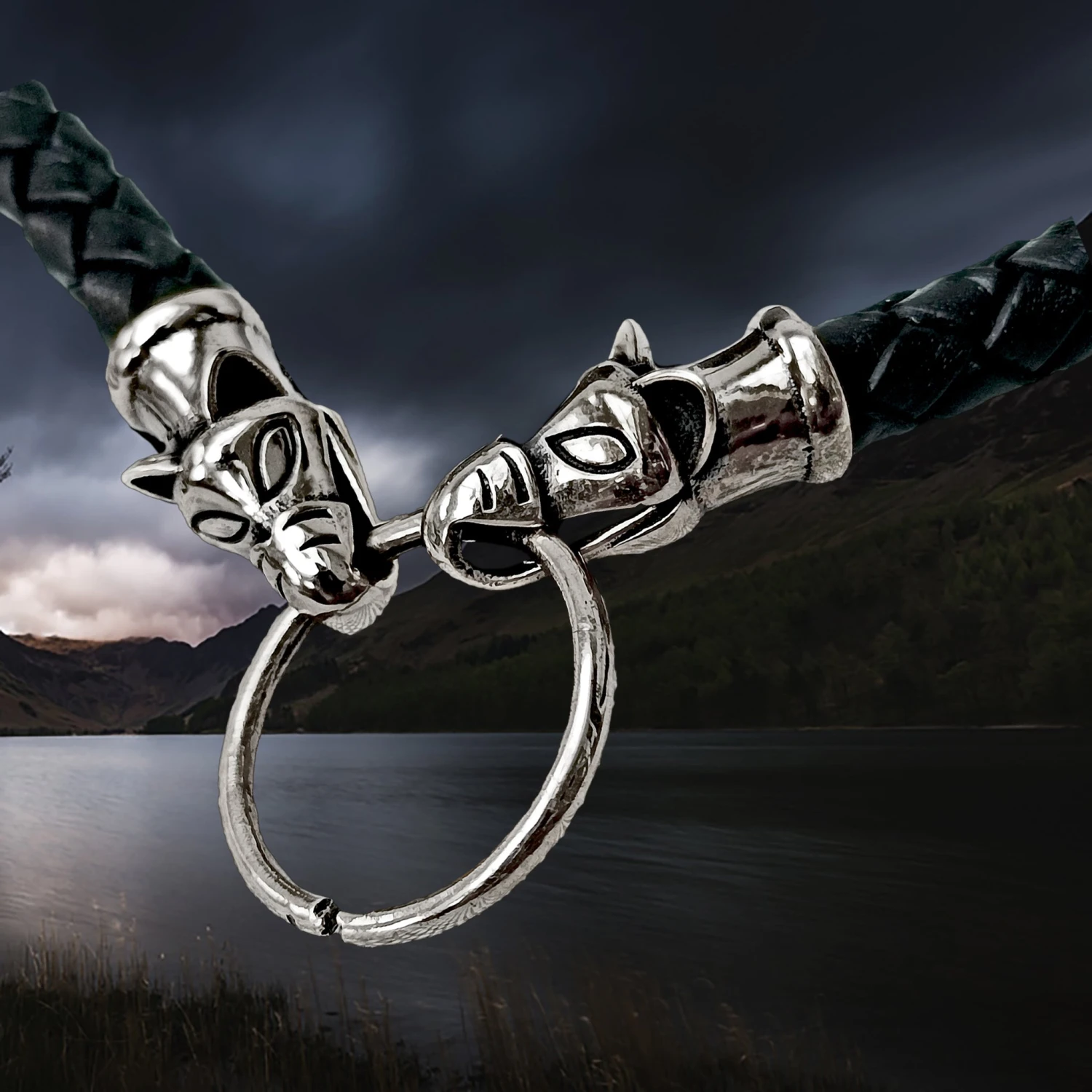 Braided Leather Necklace With Silver Icelandic Wolf Heads 4 Braided Leather Necklace With Silver Icelandic Wolf Heads - Image 4