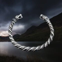 Twisted Silver Viking Bracelet / Arm Ring With Ferocious Wolf Heads -The Viking Dragon Shop bt silver twisted arm ring ferocious wolf heads