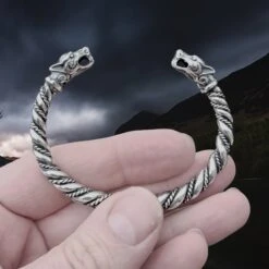 Twisted Silver Viking Bracelet / Arm Ring With Ferocious Wolf Heads