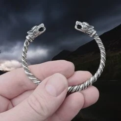 Twisted Silver Viking Bracelet With Ferocious Wolf Heads