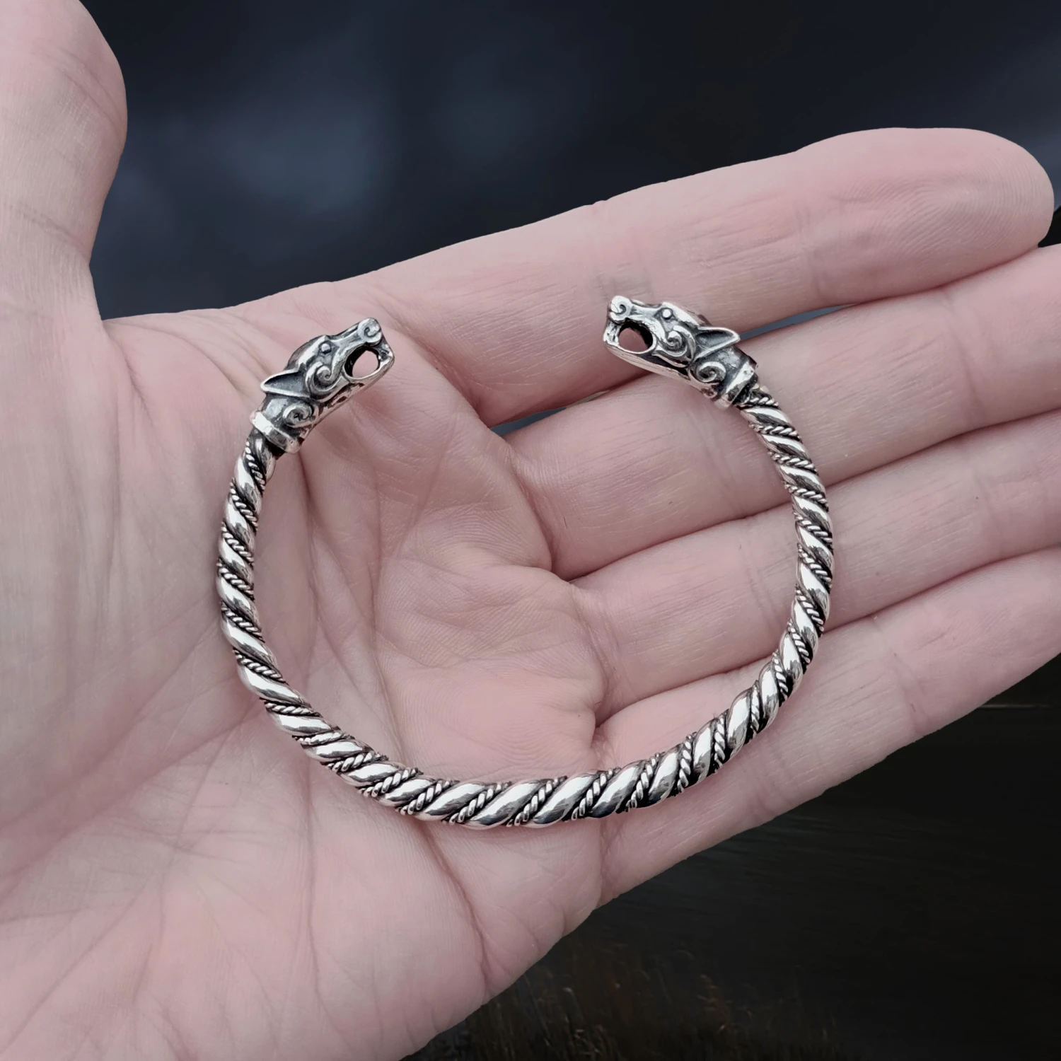 Twisted Silver Viking Bracelet With Ferocious Wolf Heads 2 Twisted Silver Viking Bracelet With Ferocious Wolf Heads - Image 2