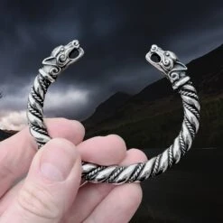 Thick Twisted Silver Viking Bracelet / Arm Ring With Ferocious Wolf Heads