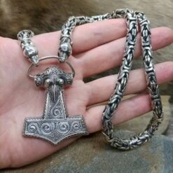 8mm Thick Silver King Chain Thors Hammer Necklace - Ferocious Wolf Heads 11 8mm Thick Silver King Chain Thors Hammer Necklace - Ferocious Wolf Heads -The Viking Dragon Shop large silver filgree hammer with 8mm silver king chain ferocious wolf heads on hand