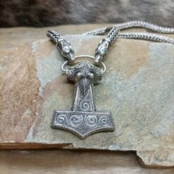 8mm Thick Silver Snake Chain Necklace - Ferocious Wolf Heads -The Viking Dragon Shop large silver filgree hammer with 8mm silver snake chain ferocious wolf heads