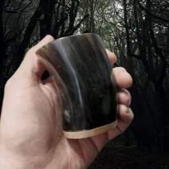 Horn Dice Cup / Shot Cup -The Viking Dragon Shop nc horn dice cup wooden base in hand dark colour