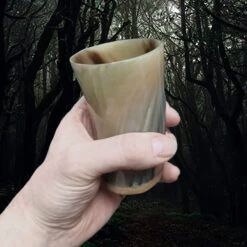 Horn Mead Cup With Wood Base -The Viking Dragon Shop nc horn mead cup wooden base in hand beige mid sized striped cup