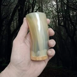 Horn Mead Cup With Wood Base -The Viking Dragon Shop nc horn mead cup wooden base in hand beige slim cup