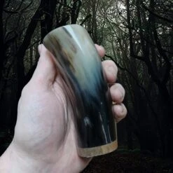 Horn Mead Cup With Wood Base -The Viking Dragon Shop nc horn mead cup wooden base in hand long slim dark cup