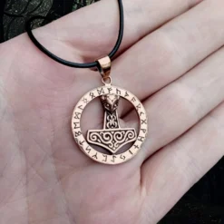 Round Bronze Runic Thors Hammer Pendant 5 Round Bronze Runic Thors Hammer Pendant -The Viking Dragon Shop nl bronze runic thors hammer round pendant on hand