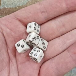 Small Bone Viking Dice With Dot And Ring Marks -The Viking Dragon Shop pm small bone dice black dot and ring marks in hand x5