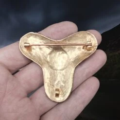 Large Bronze Viking Trefoil Brooch From Oseberg -The Viking Dragon Shop pp bronze oseberg trefoil brooch on hand back view