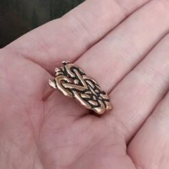 Bronze Ringerike Style Knotwork Viking Buckle Set -The Viking Dragon Shop pp bronze ringerike style viking strap end on hand side angle view