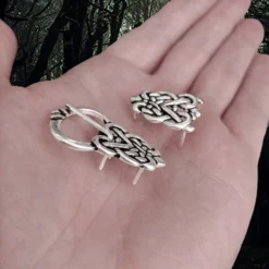 Silver Plated Ringerike Style Knotwork Viking Buckle Set -The Viking Dragon Shop pp silver plated viking knotwork buckle set on hand side angle view