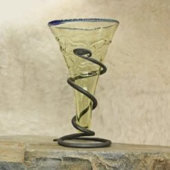 Blue Rim Decorated Glass Viking Cone Beaker With Iron Stand -The Viking Dragon Shop sg decorated viking cone beaker with blue rim on rock