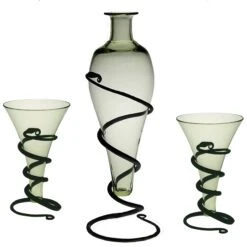 Viking Mead Bottle Set -The Viking Dragon Shop sg handmade glass viking mead bottle on iron stand with plain viking cone glasses