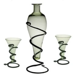 Viking Mead Bottle Set -The Viking Dragon Shop sg handmade glass viking mead bottle on iron stand with plain viking cone mead glasses