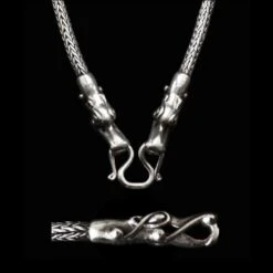 Slim Silver Snake Chain Necklace With Tromso Dragon Heads -The Viking Dragon Shop sn 3mm snake chain tromso dragon with butterfly clasp