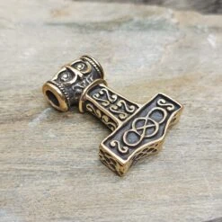 Large Bronze Thors Thunder Hammer Pendant -The Viking Dragon Shop sn bronze large thunder hammer on rock angle view