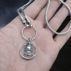 Silver Circular Freya Replica Viking Pendant -The Viking Dragon Shop sn silver circular freya pendant on split ring with tromso heads silver snake chain necklace on hand