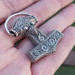 Silver Filigree Thors Hammer Pendant Replica From Kabara -The Viking Dragon Shop sn silver filigree thors hammer on hand front angle view