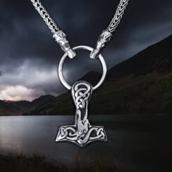 Large Silver Interlace Thors Hammer Pendant -The Viking Dragon Shop sn silver iterlace thors hammer pendant on split ring with 5mm silver snake chain with gotland dragon heads