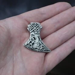 Silver Knotwork Viking Axe Head Pendant -The Viking Dragon Shop sn silver knotwork axehead pendant on hand