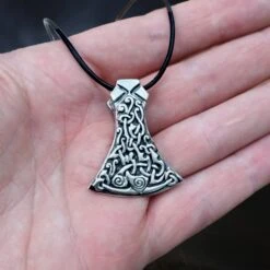 Silver Mammen Axe Head Viking Pendant -The Viking Dragon Shop sn silver mammen axehead pendant on leather thong on hand