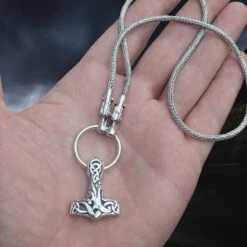Medium Silver Interlace Thors Hammer Pendant -The Viking Dragon Shop sn silver medium interlace thors hammer pendant on split ring with tromso dragon head slim silver snake chain on hand