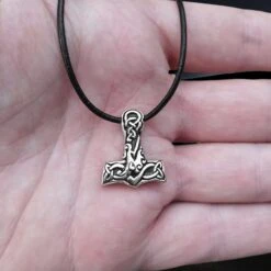 Small Silver Interlace Thors Hammer Pendant -The Viking Dragon Shop sn silver small interlace thors hammer pendant on leather thong on hand